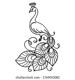 vector illustration, template in black, tattoo, peacock pattern, tropical bird, isolate on a white background