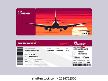 Vector illustration of a template for a boarding ticket for an airplane, a plane taking off, a rear view, against a sunset background