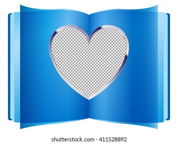Vector illustration template of book with heart shaped inside photo frame template. Layered, just put your photo inside front of transparent layer. Good for web, print card, wedding invitation. Blue