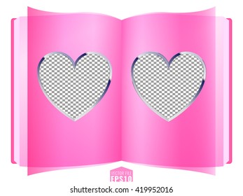 Vector illustration template of book with heart shaped inside photo frame template. Layered, just put your photo inside front of transparent layer. Good for web, print card, wedding invitation. Pink