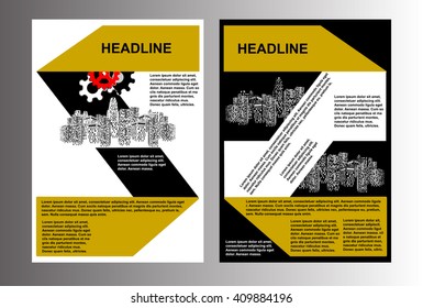 Vector illustration template brochure or booklet with monochrome urban landscape. Showing the two sides of the front and rear.
