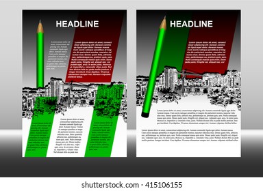 Vector illustration template brochure or booklet with monochrome urban landscape. Showing the two sides of the front and rear.