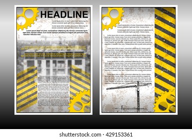 Vector illustration template brochure or booklet with background building under construction, arrows and business icons. Showing two sides front and back.