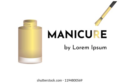 Vector illustration template for business card to manicure and pedicure nail salon (studio or artist) with bottle of gold nail polish and brush. Text "Manicure by Lorem Ipsum"