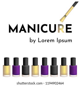 Vector illustration template for business card to manicure and pedicure nail salon (studio or artist) with bottle of gold, black, violet nail polish and brush. Text "Manicure by Lorem Ipsum"
