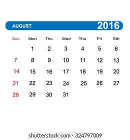 Vector illustration; Template Calendar August, 2016. Can be used in print advertising and public relations.
