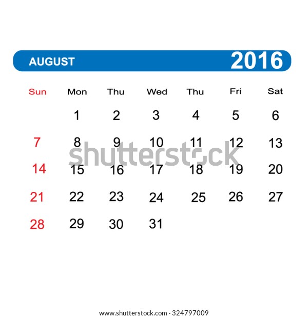 Vector Illustration Template Calendar August 2016 Stock Vector (Royalty ...