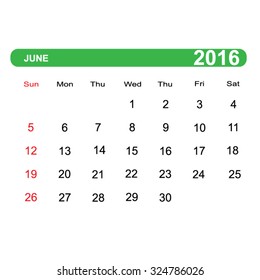Vector illustration; Template Calendar June, 2016. Can be used in print advertising and public relations.