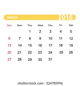 Vector illustration; Template Calendar march, 2016. Can be used in print advertising and public relations.
