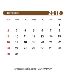 Vector illustration; Template Calendar October, 2016. Can be used in print advertising and public relations.               