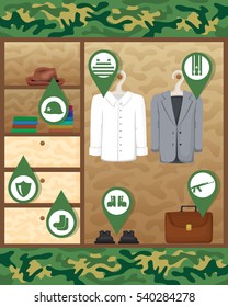 Vector illustration. Template cards Defender's Day, Men's Day. Man defender always, even in the service of the army. Closet with clothes and icons military theme.