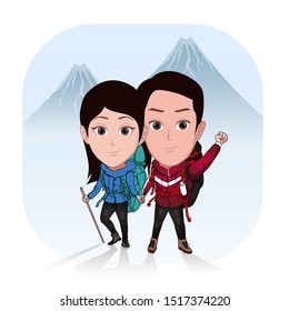 vector illustration template for caricature. illustration of a pair of lovers climbing a mountain, wearing an outdoor jacket and a large backpack and a stick with a minimalist and simple mountain back