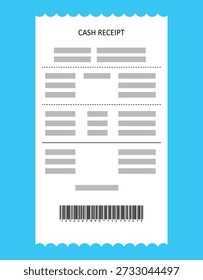 Vector illustration template for cash receipts, store purchases, hotel bills, ATM checks, white paper cash checks with barcodes.