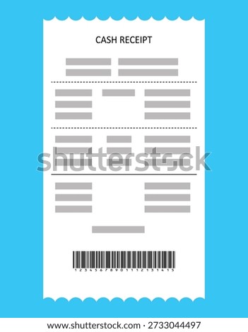 Vector illustration template for cash receipts, store purchases, hotel bills, ATM checks, white paper cash checks with barcodes.