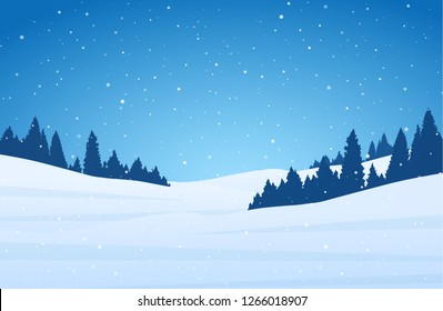 Vector illustration: Template of Christmas greeting card with winter night snowy hillside landscape.