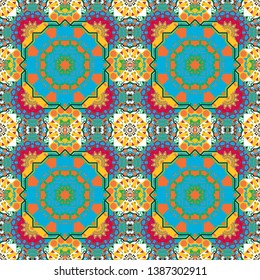 Vector illustration. Vector template circle decorative. Abstract seamless pattern polygonal and Mandala shape kaleidoscope geometry in yellow, blue and orange colors.
