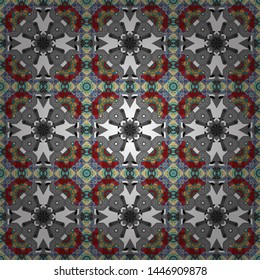 Vector illustration. Vector template circle decorative. Abstract seamless pattern polygonal and Mandala shape kaleidoscope geometry in gray, red and blue colors.