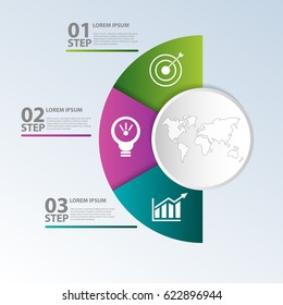 Vector Illustration. Template With Circle Divided Into Half And Three Parts For Infographics, Business, Presentations, Web Design, Concept Of Launching With 3 Options, Steps, Diagram. Text And Icons.