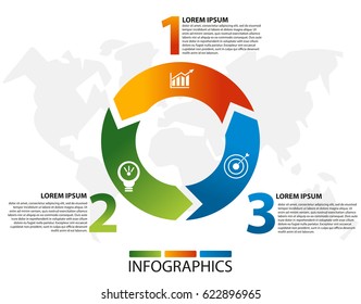 Vector illustration. Template with a circle divided into three arrows for infographics, business, presentations, web design, concept of launching with 3 options, steps, diagram. Text and icons.