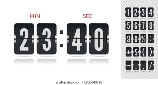 Vector illustration template. Vector coming soon web page design template with floating flip time counter. Scoreboard number font with reflections isolated on white.