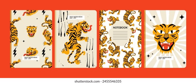 Portadas de Plantilla de Ilustración vectorial para cuadernos, planificadores, folletos, libros, catálogos con ilustraciones de tigres. Fondos con animales