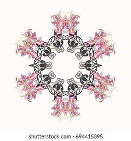 Vector illustration. Template for cover, poster, t-shirt or tattoo. Hand drawn antistress snowflake. Winter coloring pages for adult art therapy.