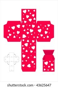 Plantilla de ilustración vectorial para crear una caja de regalo de San Valentín. Rojo con corazones de amor blancos