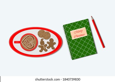 Vector illustration of template cup of coffee with ginger cookies and notebook for christmas decoration. Christmas and New year concept
