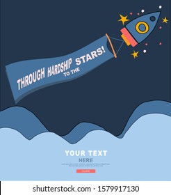 Vektorgrafik. Vorlage für Design. Flying rocket in den Sternenhimmel mit einem Banner. Stelle für deinen Text. Konzept für Webdesign.