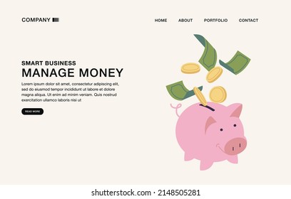 Vector illustration template design of landing page concept of manage money. Piggy bank with gold coins and green paper dollars