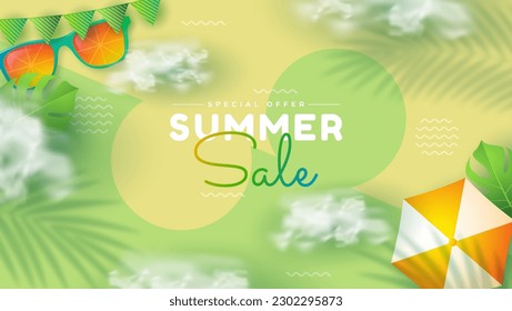 Vector illustration template with discount voucher and glasses concept, using summer sale design against sunny tropical beach 3d background. The layout banner is designed in an attractive style.