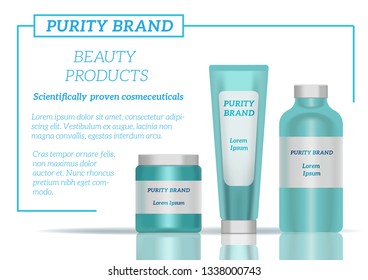 Vector illustration template eps10 for cosmetics branding. Blue green packaging bottles for lotion, cream and other beauty caring on white background. 