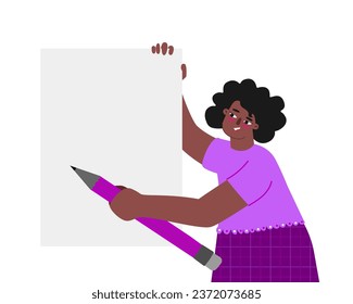 Vector illustration template with female character and copy space. Flat african american woman holds empty paper sheet, pencil. Poster for add education courses learning to draw at art school