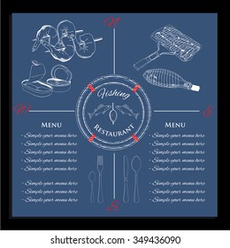 Vector illustration of template fish menu on black background. Graphic design