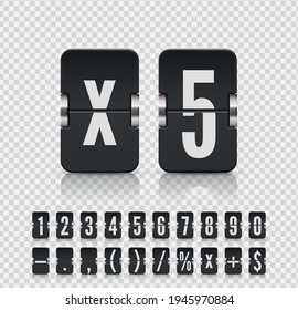 Vector illustration template. Flip number and symbol scoreboard with reflections on transparent background. Analog black countdown timer number font.