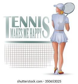 Vector Illustration. Template flyers. Beautiful girl playing tennis.