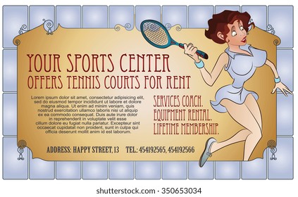 Vector Illustration. Template flyers. Beautiful girl playing tennis.