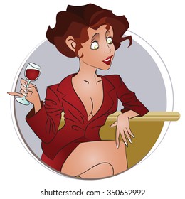 Vector Illustration. Template flyers. Funny girl with a glass of wine.
