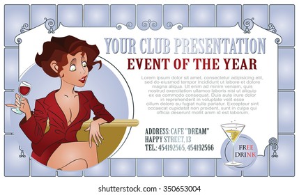 Vector Illustration. Template flyers. Funny girl with a glass of wine.