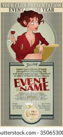 Vector Illustration. Template flyers. Funny girl with a glass of wine.