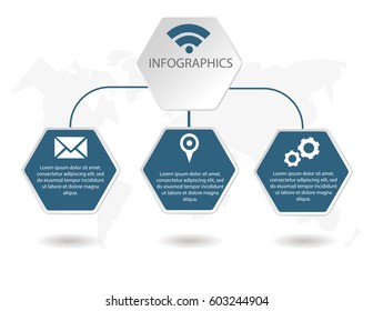 Vector illustration of a template in the form of 3d hexagons with icons and text. Creative representation of infographics for use in business presentation, flowchart, diagram, web design.