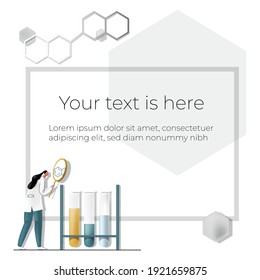 Vector Illustration Template, Frame Layout For Slide Design, Presentation, Title Page, Introduction, Home Page. Chemical Structure Is Depicted, Laboratory Assistant Analyzing Test Tubes With Liquids.