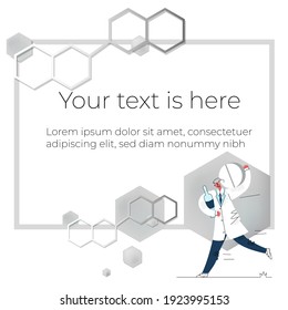 Vector Illustration Template, Frame Layout For Slide Design, Presentation, Title, Home Page, Introduction. Chemical Structure Is Depicted. Character Doctor Is Depicted Running With Pill, Ampoule.