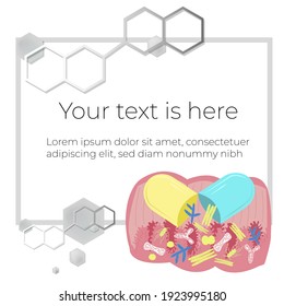 Vector Illustration Template, Frame Layout For Slide Design, Presentation, Title Page, Introduction, Home Page. Chemical Structure Is Depicted. Image Shows Intestine With Microflora Bacteria Inside.