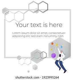 Vector Illustration Template, Frame Layout For Slide Design, Presentation, Title Page, Introduction, Home Page. Chemical Structure Is Depicted, Laboratory Assistant Holds Molecule In His Hand.