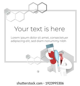 Vector Illustration Template, Frame Layout For Slide Design, Presentation, Title Page, Introduction, Home Page. Chemical Structure Is Depicted, Laboratory Assistant Analyzing Test Tubes With Blood.