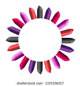 Vector illustration template with frame from pink, red, violet, black lipstick. White background. Circle arrangement from the centre to the corners