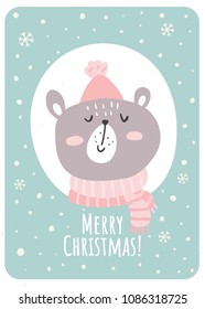 vector illustration, template of a greeting card, cute bear in a knitted hat and scarf and merry christmas text