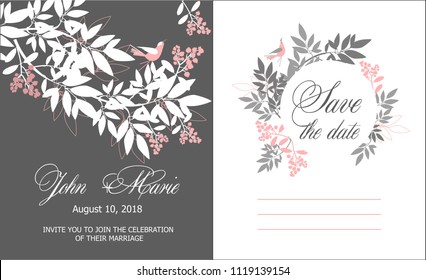 vector illustration template greeting card invitation for wedding decorated with eucalyptus leaves on a black background