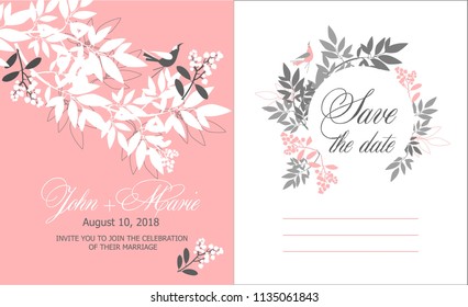 vector illustration template greeting card invitation for wedding decorated with eucalyptus leaves